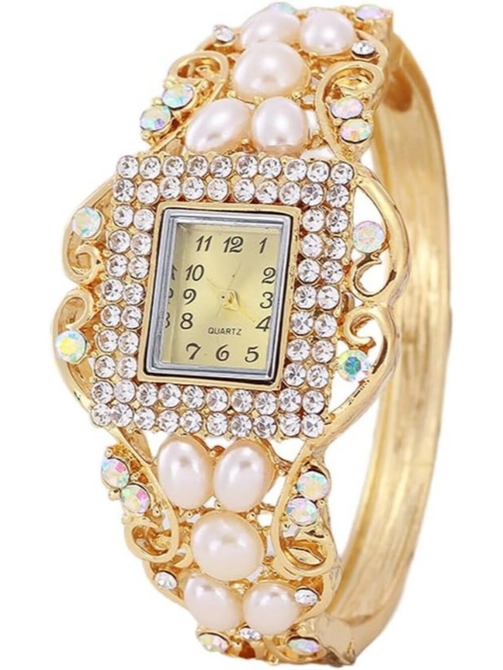 Women's Gold Diamond Pearl Bracelet Square Dial Quartz Bangle Wrist Watches